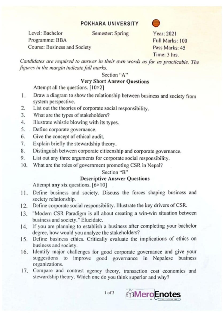 PU BBA Business and Society Question Paper