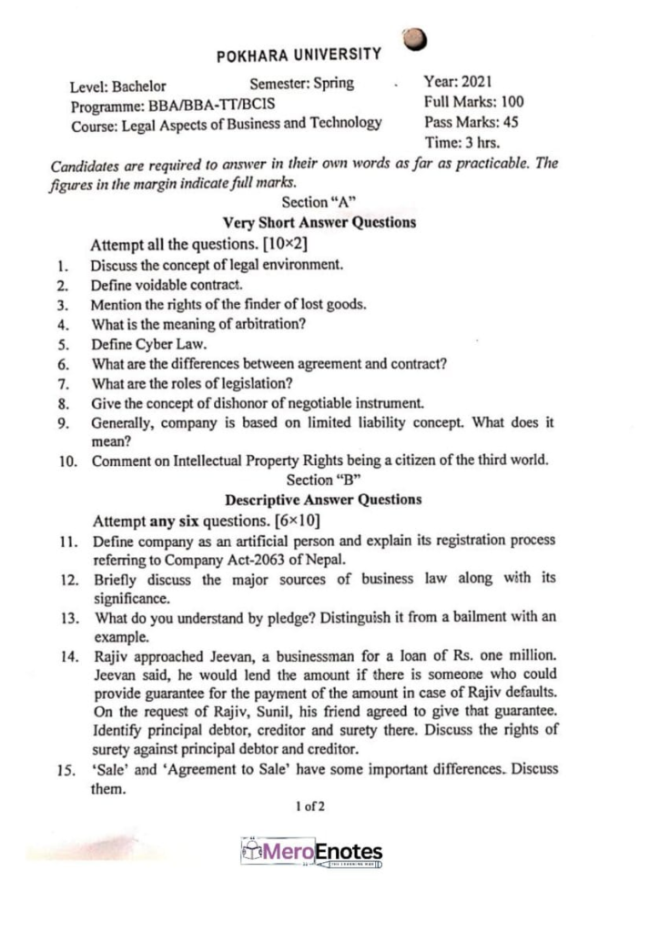 PU BBA BBA-TT BCIS Legal Aspects of Business and Technology Question Paper