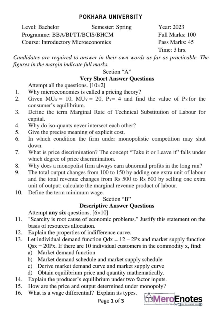 Introductory Macroeconomics Question Paper 2023