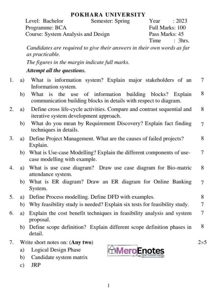 System Analysis and Design Question Paper 2023 Spring Semester