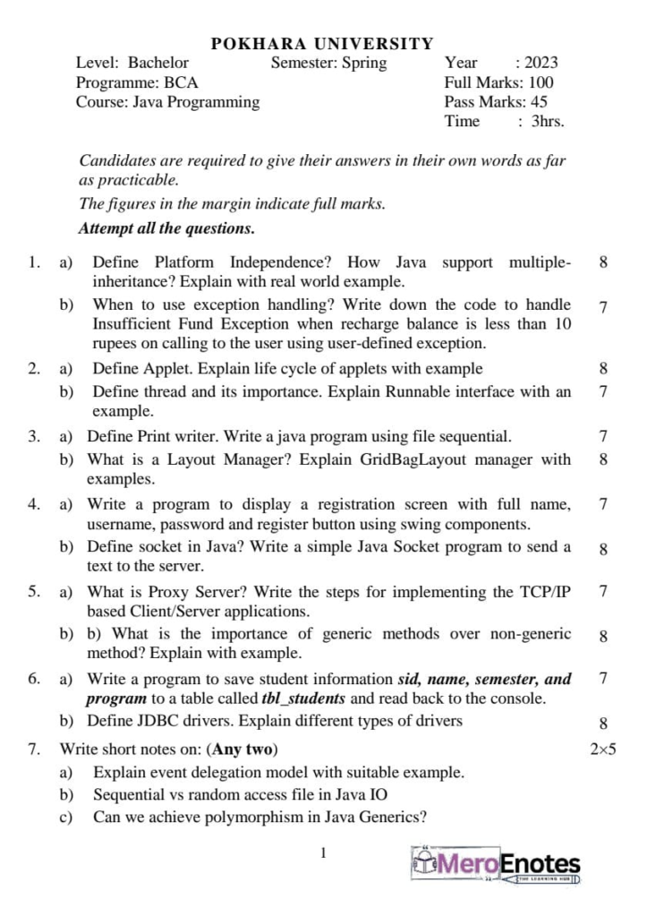 JAVA Programming Question Paper 2023 Fall Semester