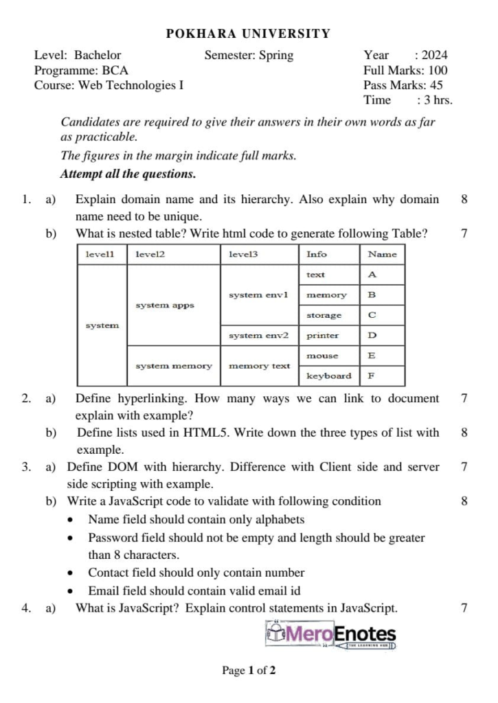 Web Technologies I Question Paper 2024 Fall Semester