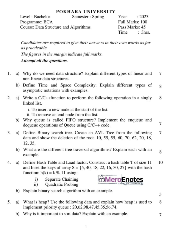 Data Structure and Algorithm DSA Question Paper 2023 Spring Semester
