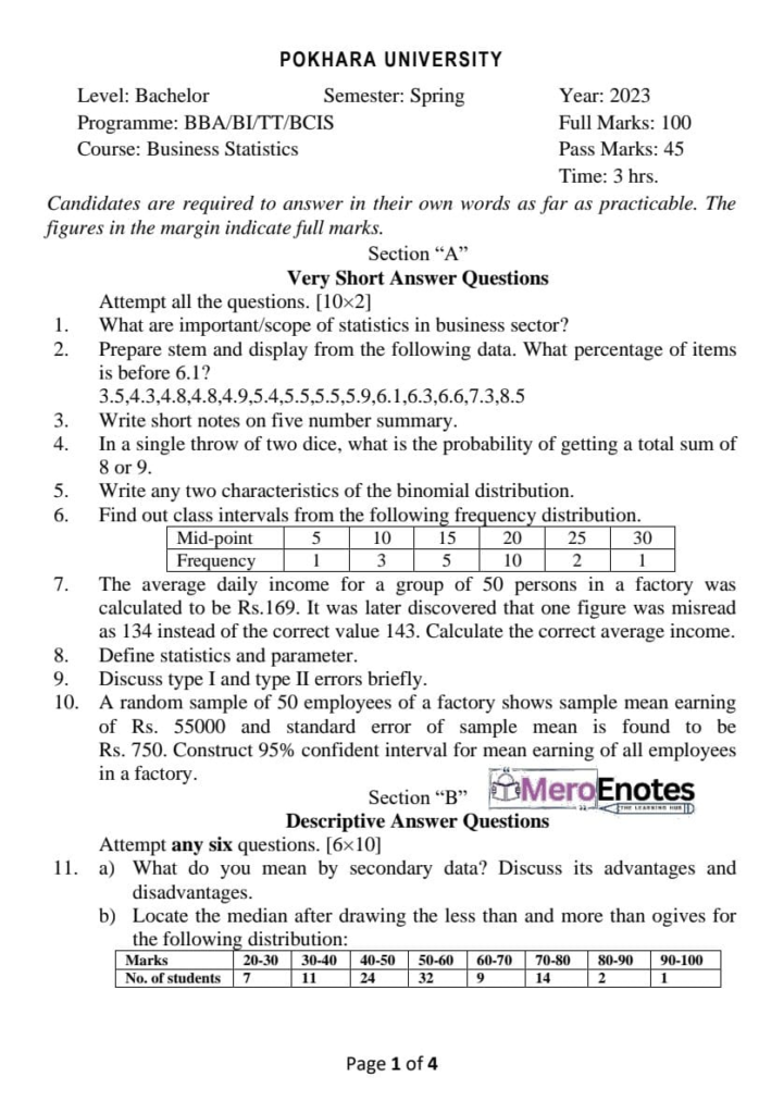 PU BBA BBA-BI BBA-TT BCIS Business Statistics Question Paper 3rd Semester