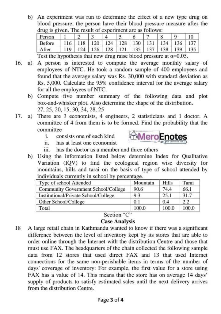 PU BBA BBA-BI BBA-TT BCIS Business Statistics Question Paper 3rd Semester