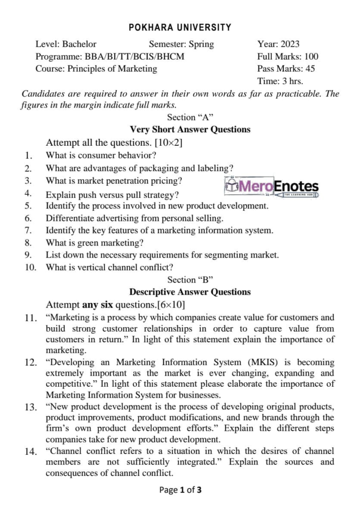 PU BBA BBA-BI BBA-TT BCIS BHCM Principals of Marketing Question Paper