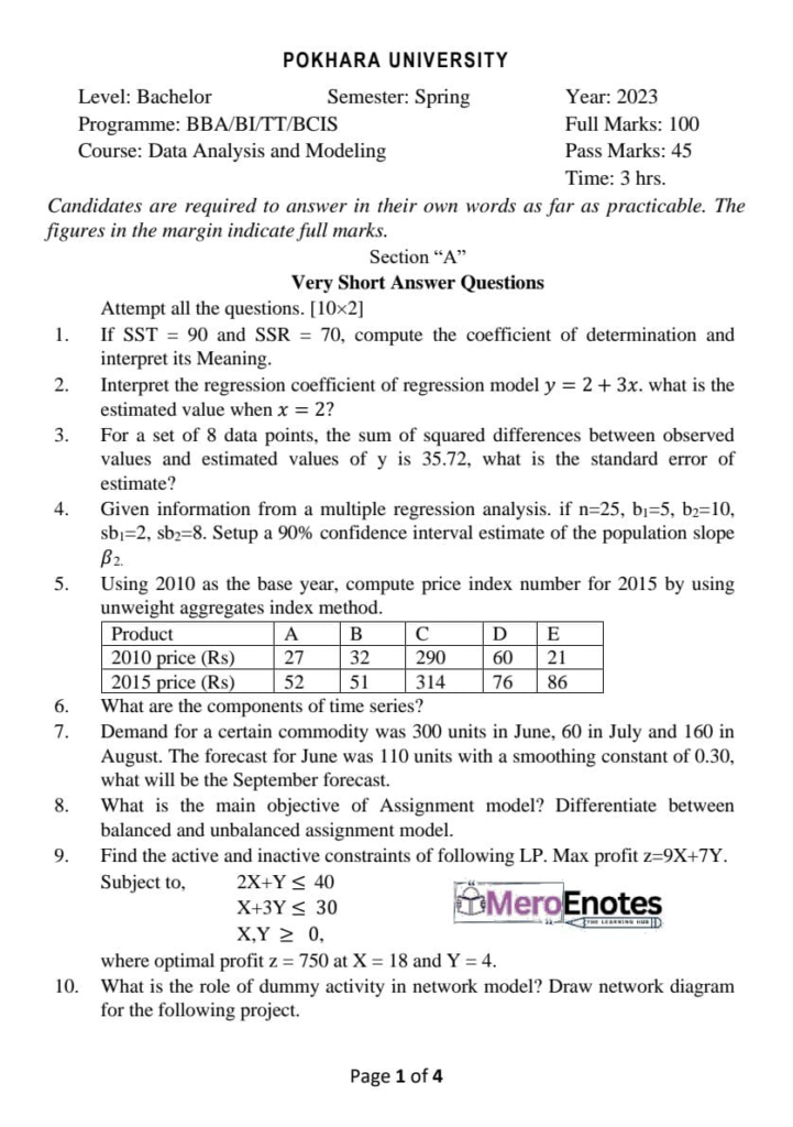Data Analysis and Modeling Question Paper 2023