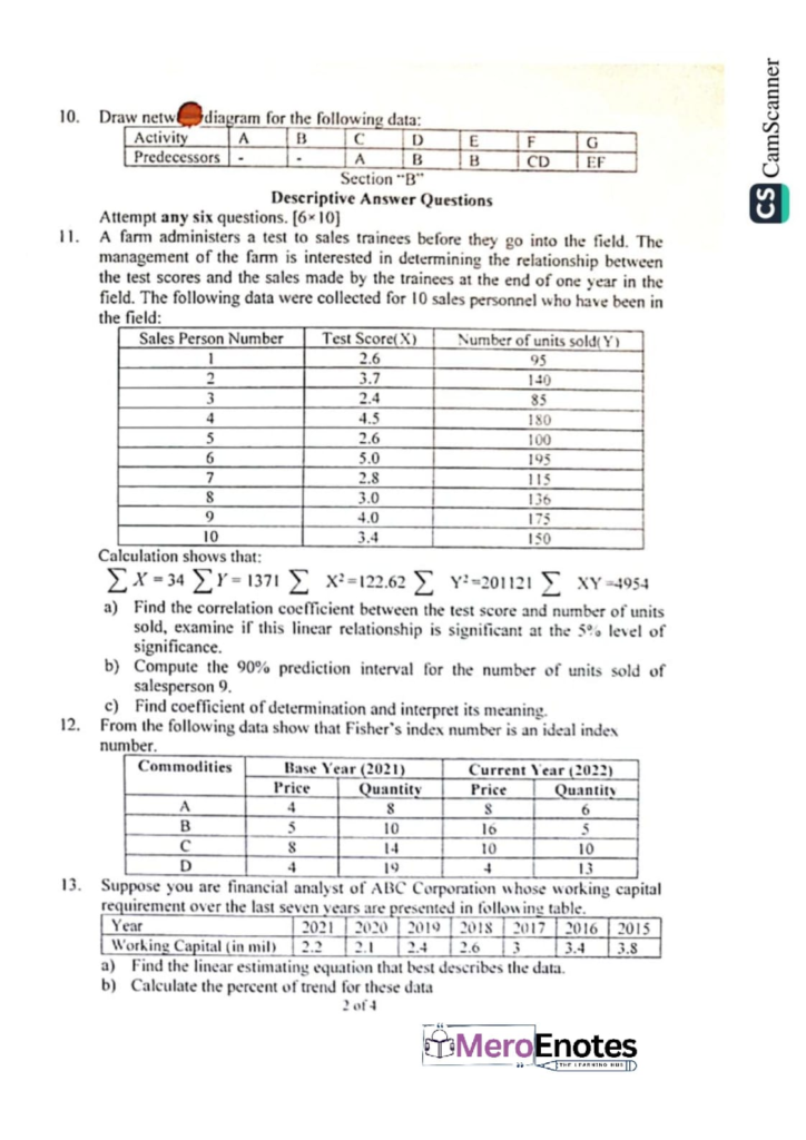 Data Analysis and Modeling Question Paper 2021