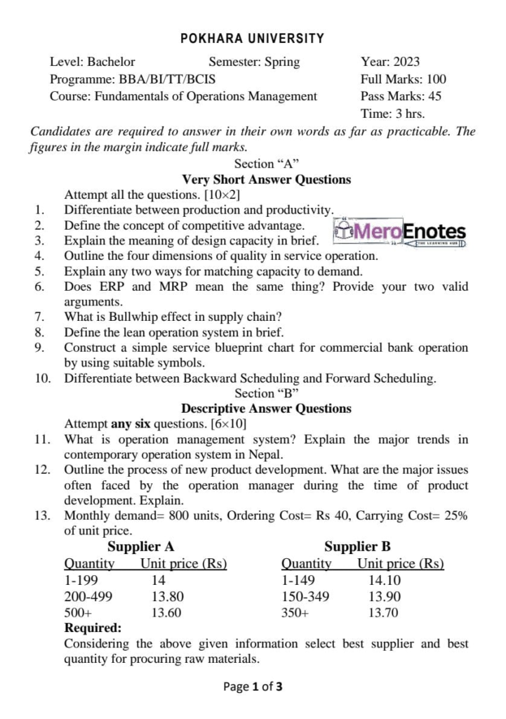 Fundamentals of Operations Management Question Paper 2023