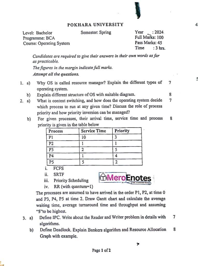 Pokhara University PU BCA Operating System Question Paper 3rd Semester