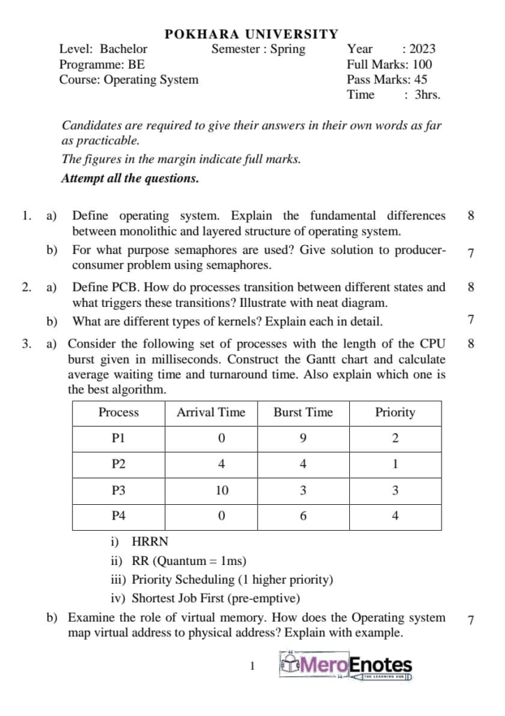 Operating System Question Paper 2023