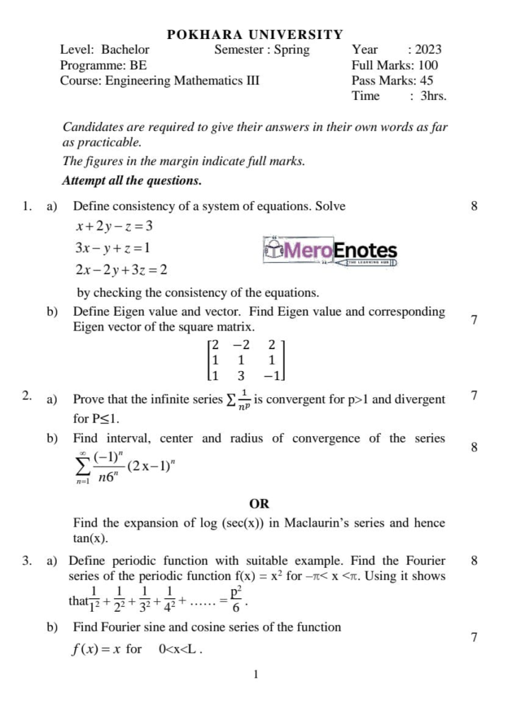 PU BE Computer Engineering Mathematics III Question paper 3rd Sem
