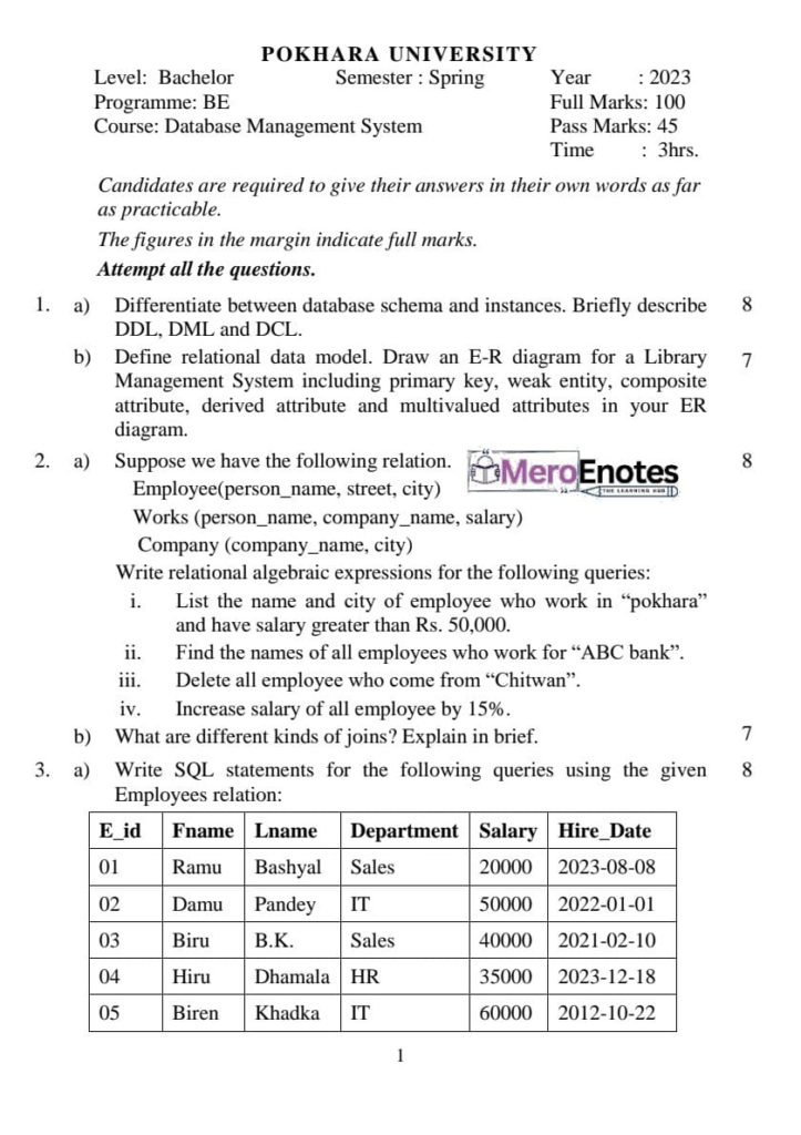 PU BE Computer Database Management System Question paper 3rd Sem