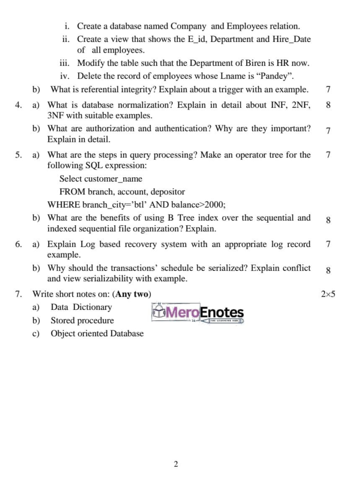 PU BE Computer Database Management System Question paper 3rd Sem