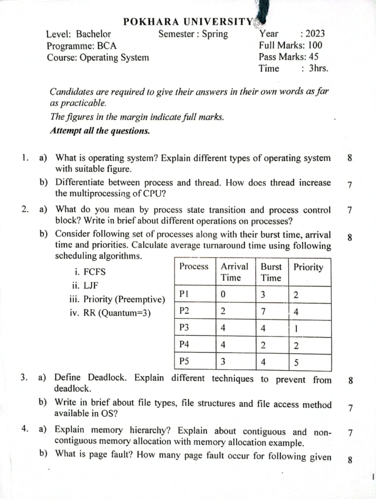 Pokhara University PU BCA Operating System Question Paper 3rd Semester