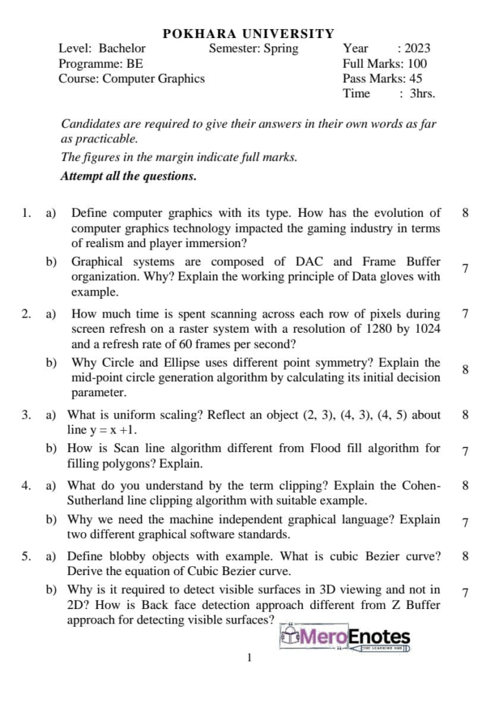 PU BE Computer Computer Graphics Question paper 3rd Sem