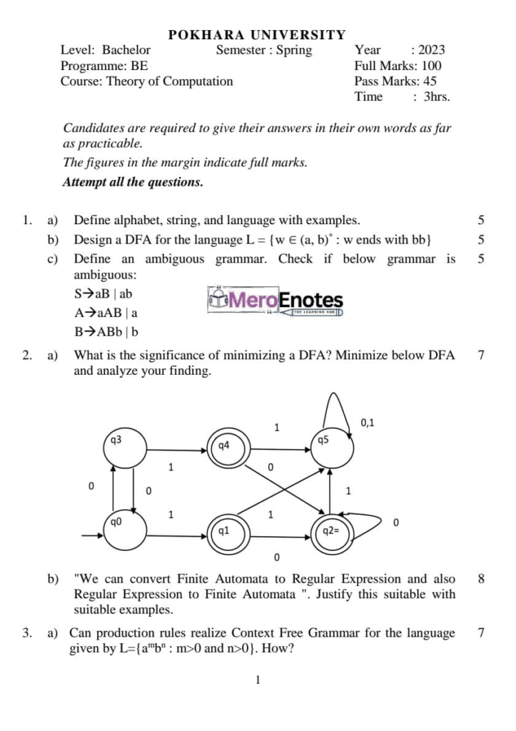 PU BE Computer Theory of Computation  Question paper 4th Sem