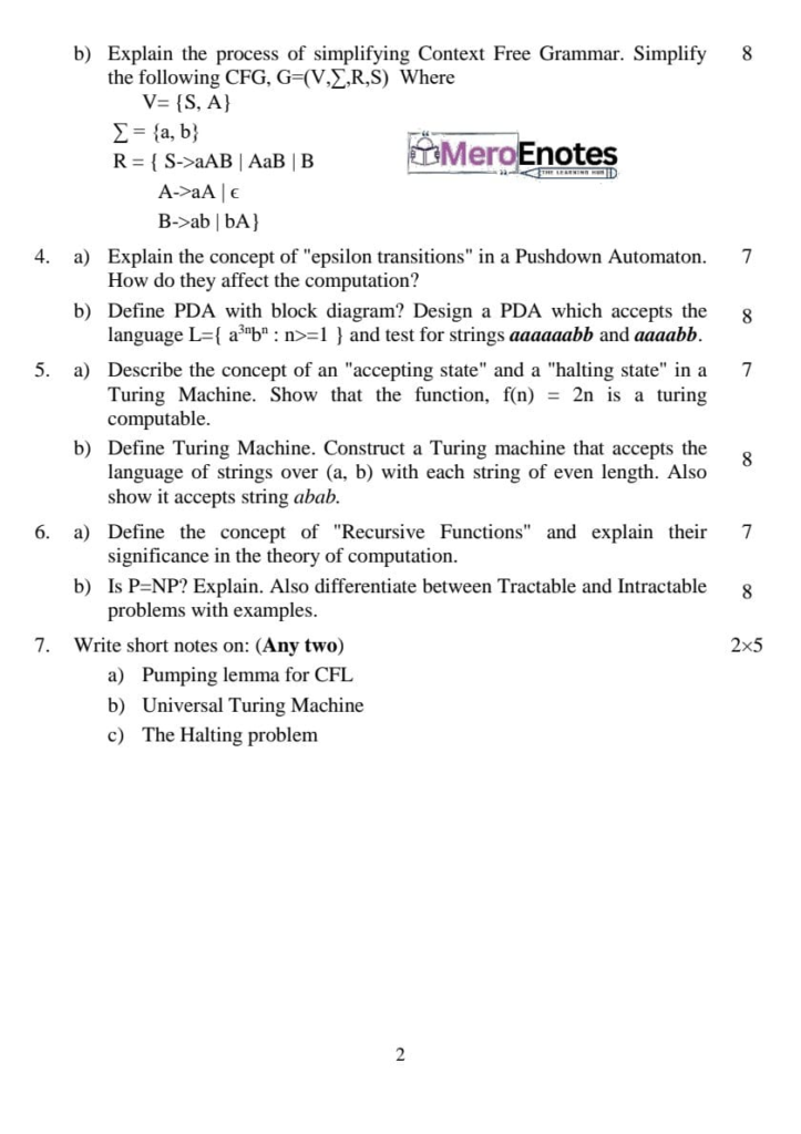 PU BE Computer Theory of Computation  Question paper 4th Sem