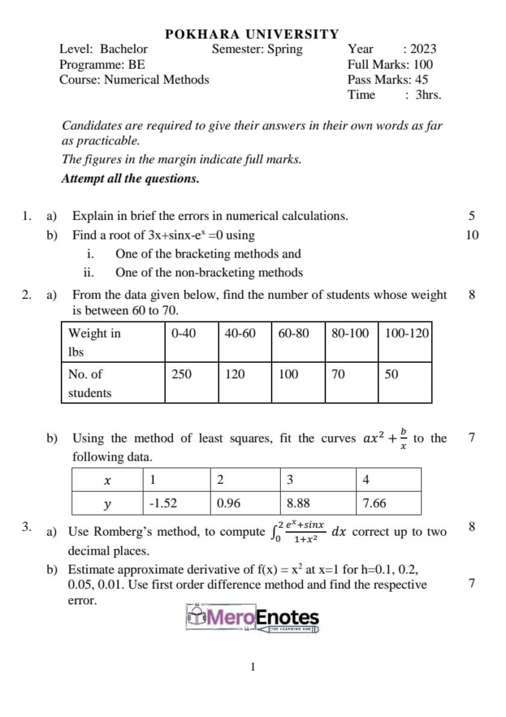 PU BE Computer Numerical Methods Question paper 4th Sem