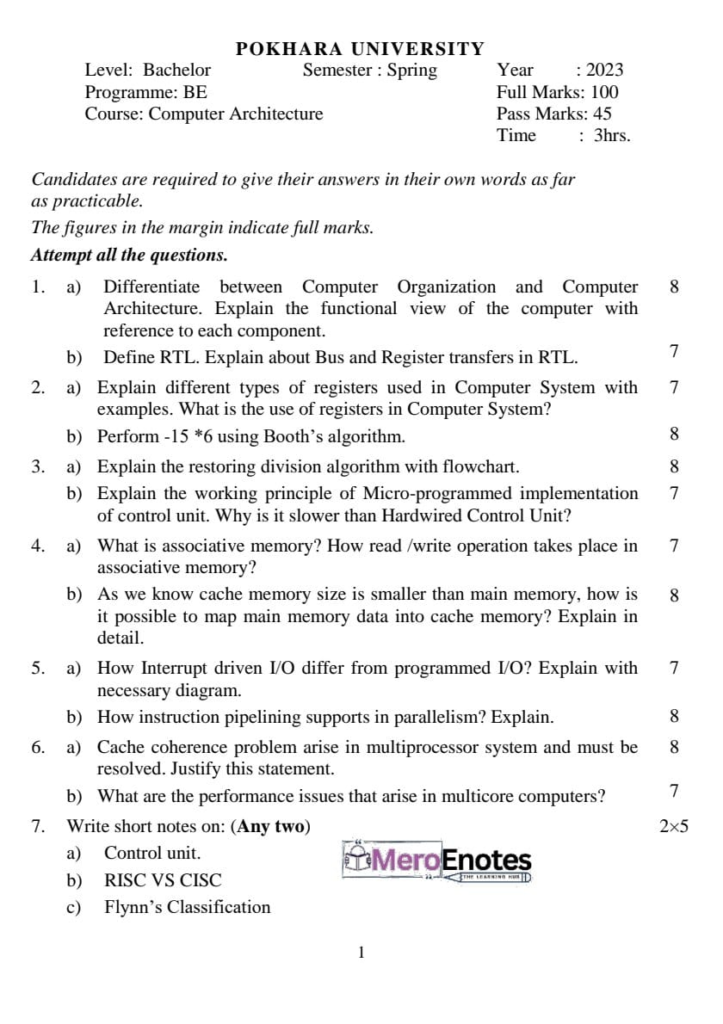 PU BE Computer Computer Architecture Question paper 4th Sem