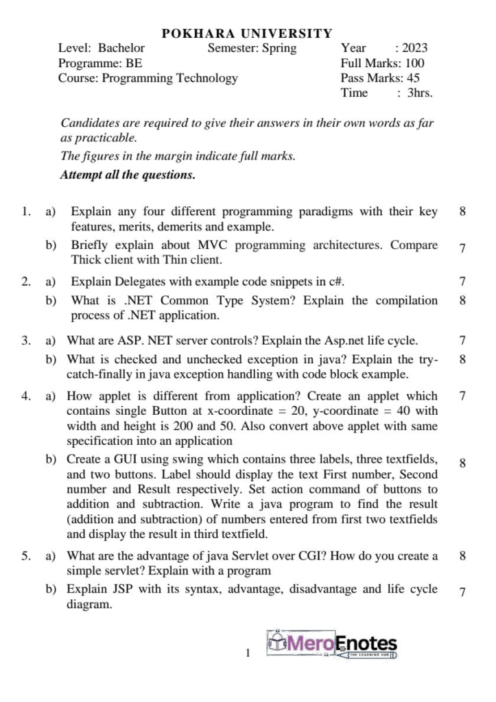 PU BE Computer Advance Programming with JAVA Question paper 4th Sem