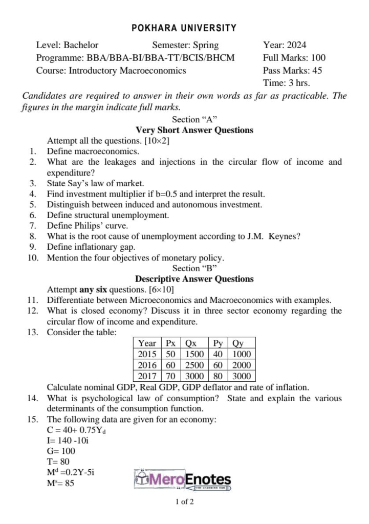 PU BBA BBA-IT BBA-TT BCIS BHCM  Introductory Macroeconomics Question Paper