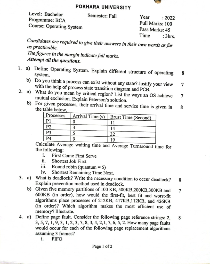 Pokhara University PU BCA Operating System Question Paper 3rd Semester