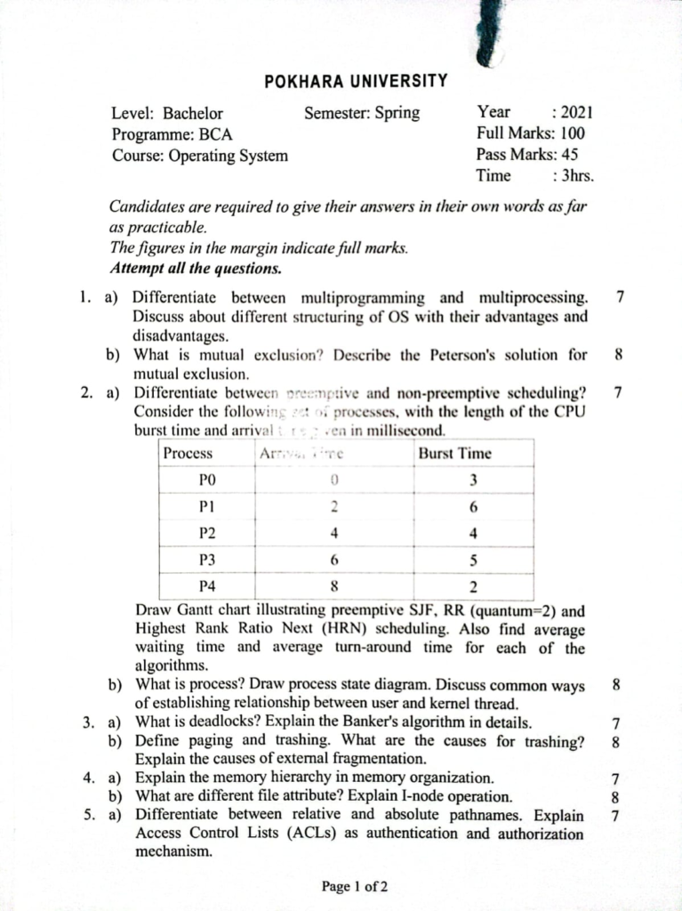 Pokhara University PU BCA Operating System Question Paper 3rd Semester