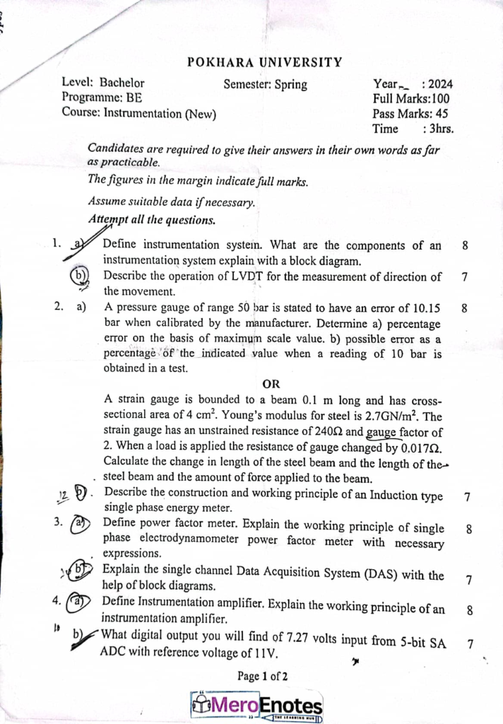 PU BE Computer Instrumentation Question paper 2nd Sem (2024 Fall)