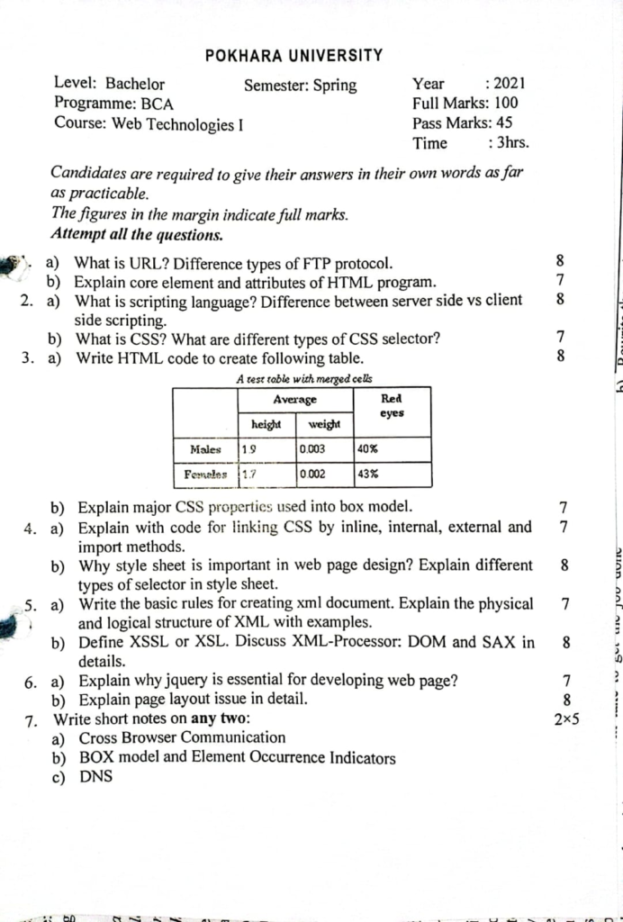 Pokhara University PU BCA Web Technologies I Question Paper 3rd Semester 