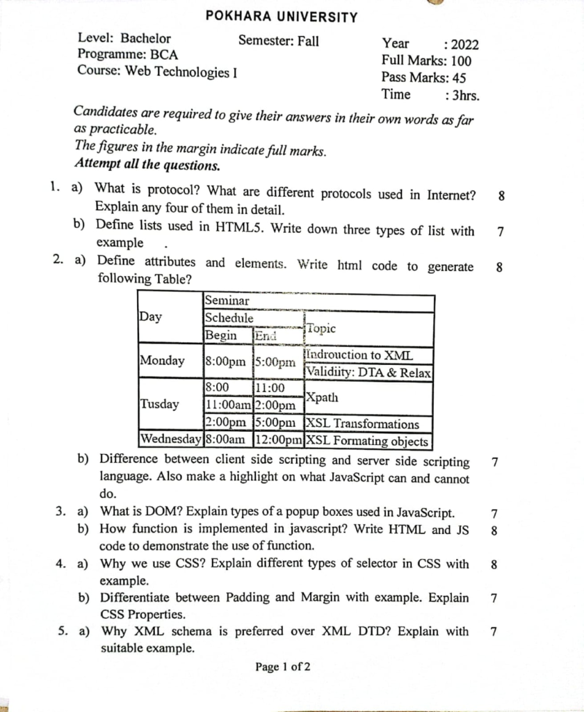 Pokhara University PU BCA Web Technologies I Question Paper 3rd Semester 