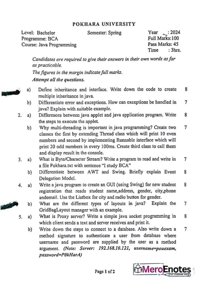 JAVA Programming Question Paper 2024 Fall Semester