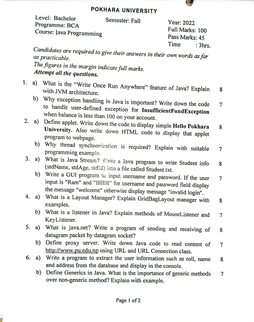 Pokhara University PU BCA JAVA Programming Question Paper 3rd Semester