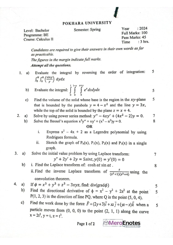 PU BE Computer Calculus II Question paper 3rd Sem 