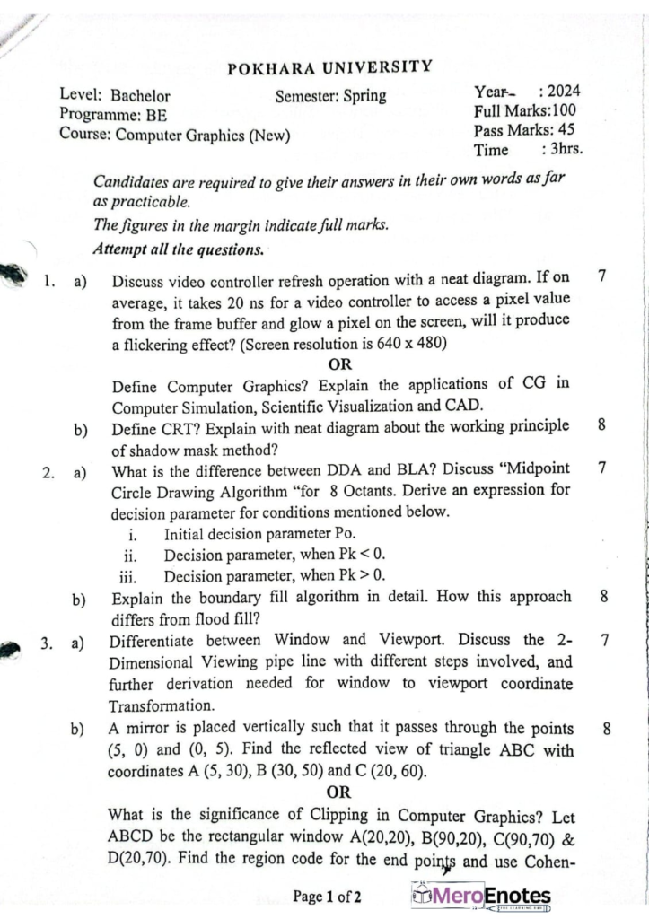 PU BE Computer Computer Graphics Question paper 3rd Sem