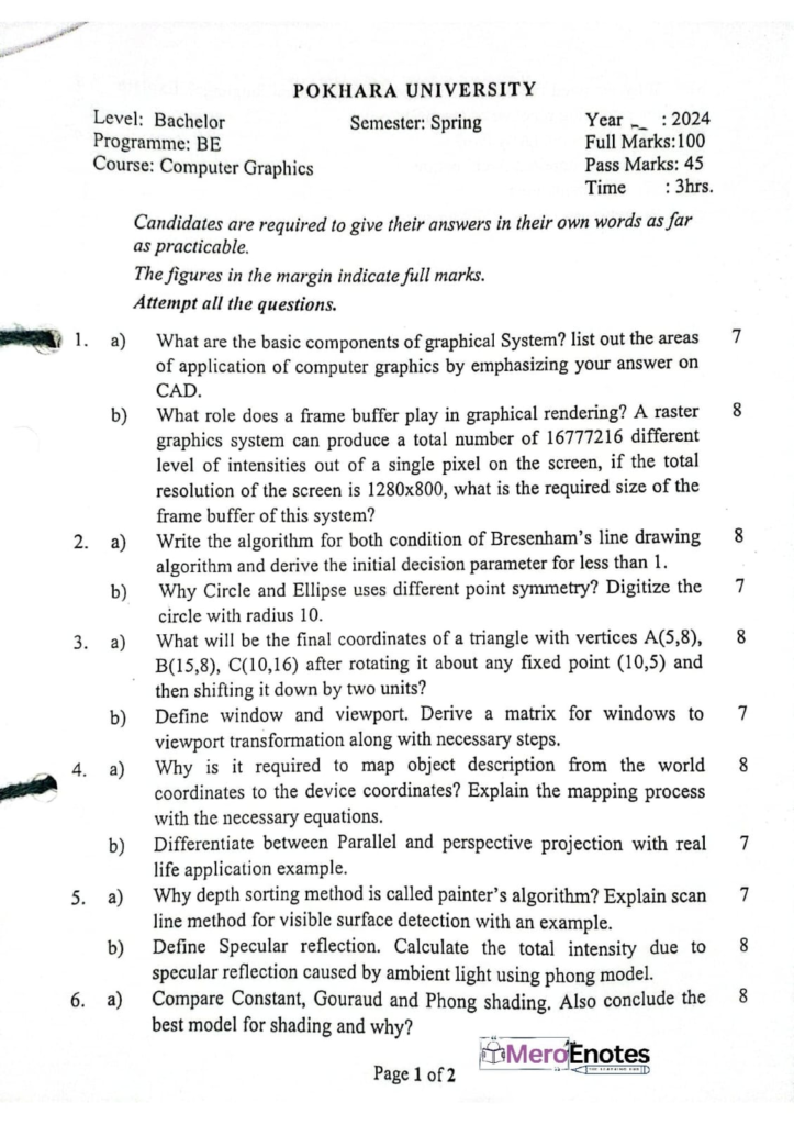 PU BE Computer Computer Graphics Question paper 3rd Sem