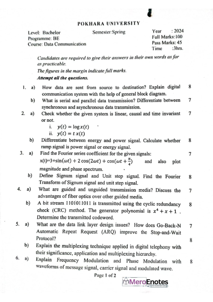 PU BE Computer Data Communication Question paper 3rd Sem