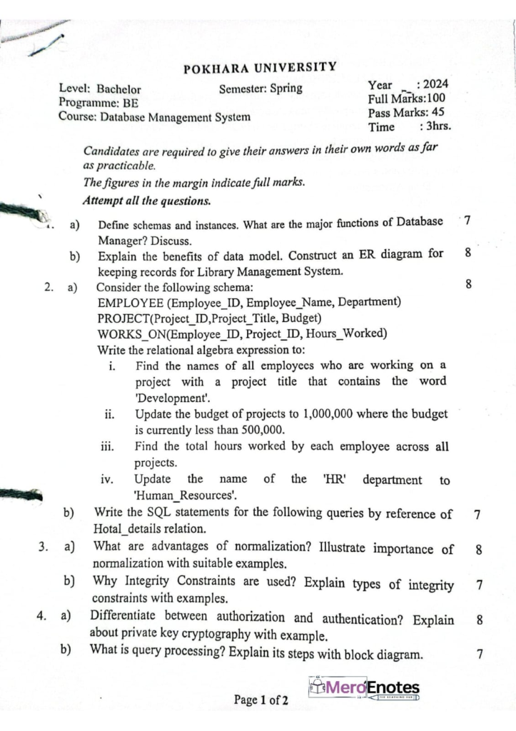 PU BE Computer Database Management System Question paper 3rd Sem