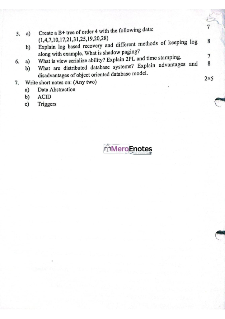 PU BE Computer Database Management System Question paper 3rd Sem