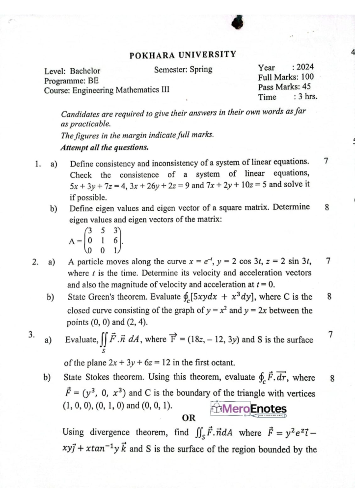 PU BE Computer Engineering Mathematics III Question paper 3rd Sem