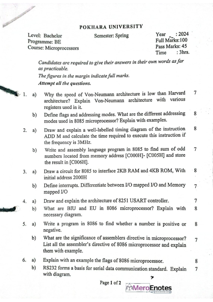 PU BE Computer Microprocessor Question paper 3rd Sem