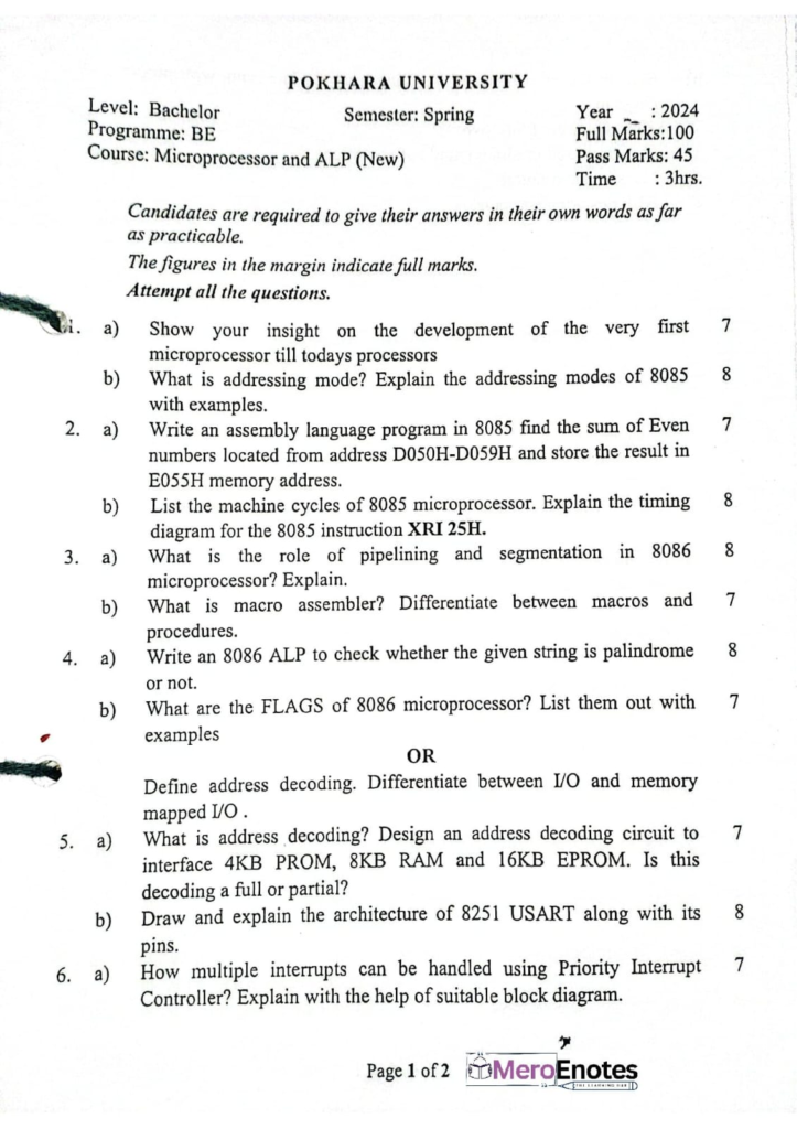 Pokhara University BE Computer Microprocessor Question paper 3rd Semester
