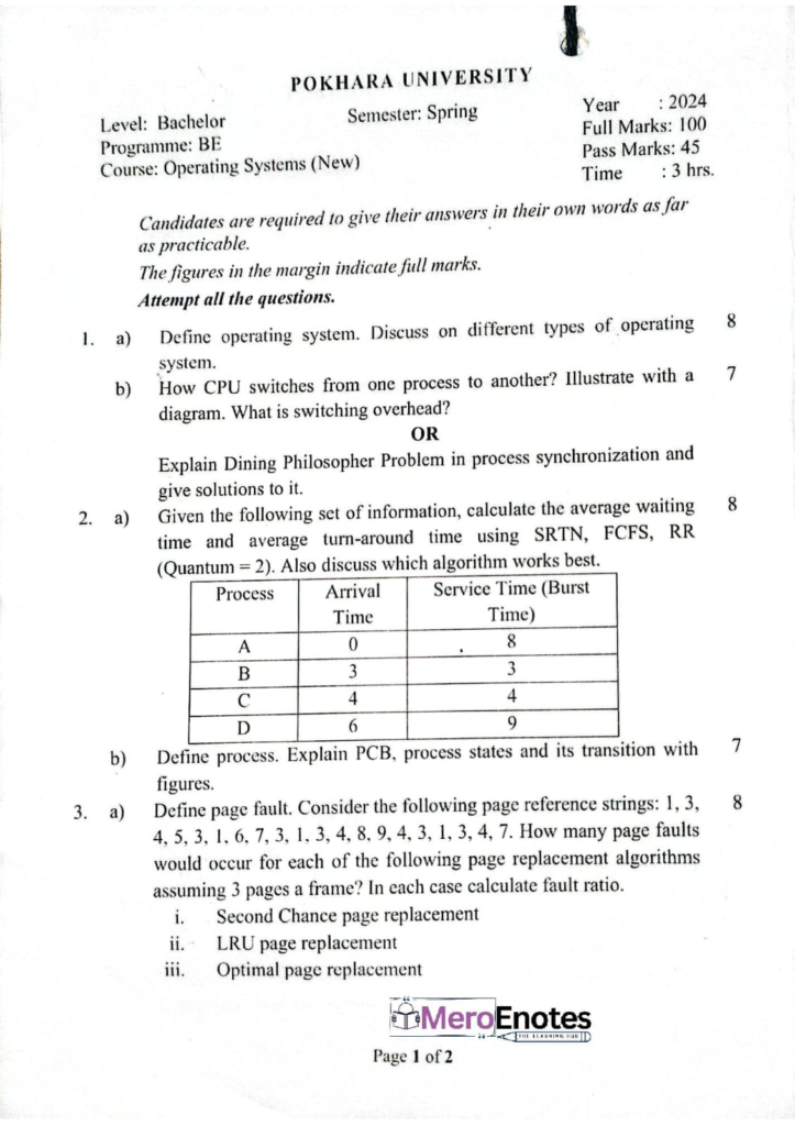 PU BE Computer Operating System Question paper 3rd Sem