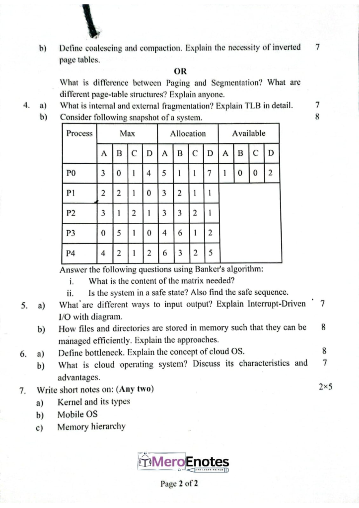 PU BE Computer Operating System Question paper 3rd Sem