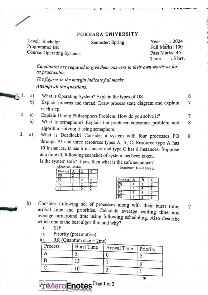 PU BE Computer Operating System Question paper 3rd Sem