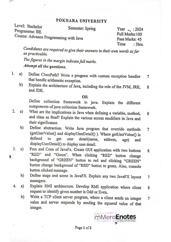 PU BE Computer Advance Programming with JAVA Question paper 3rd Sem