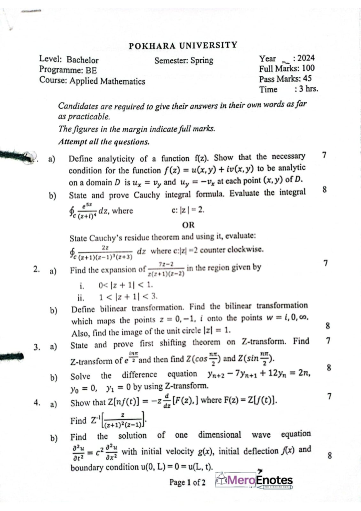 PU BE Computer Applied Mathematics Question paper 4th Sem