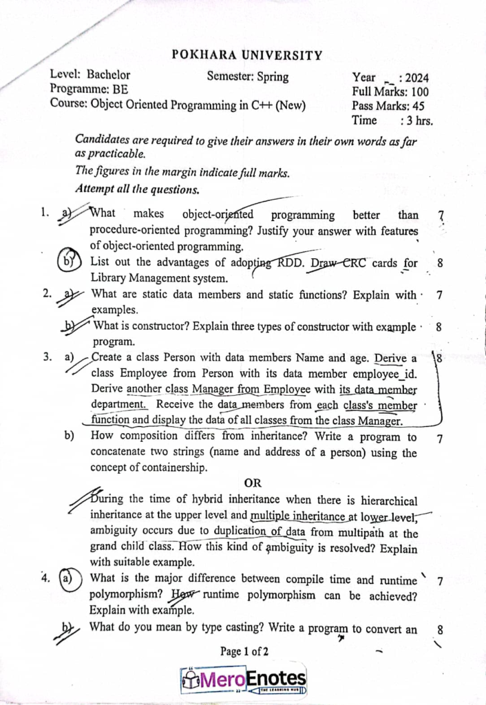 PU BE Computer OOPs C++  Question paper 2nd Sem (2024 Fall)