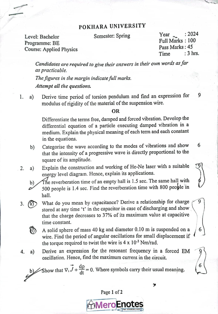 PU BE Computer Applied Physics Question paper 2nd Sem (2024 Fall)