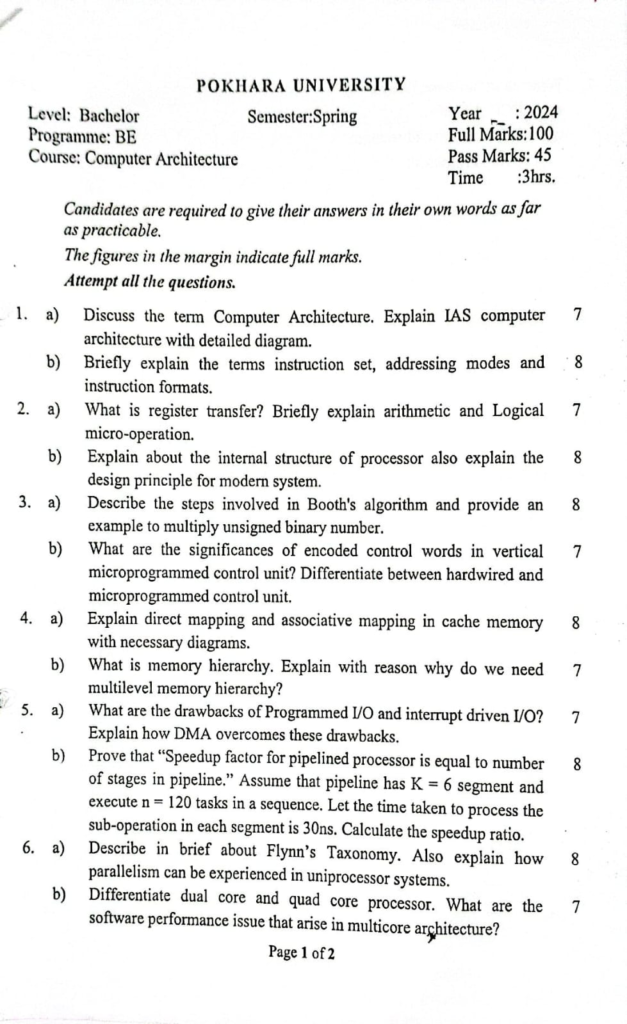 PU BE Computer Computer Architecture Question paper 4th Sem